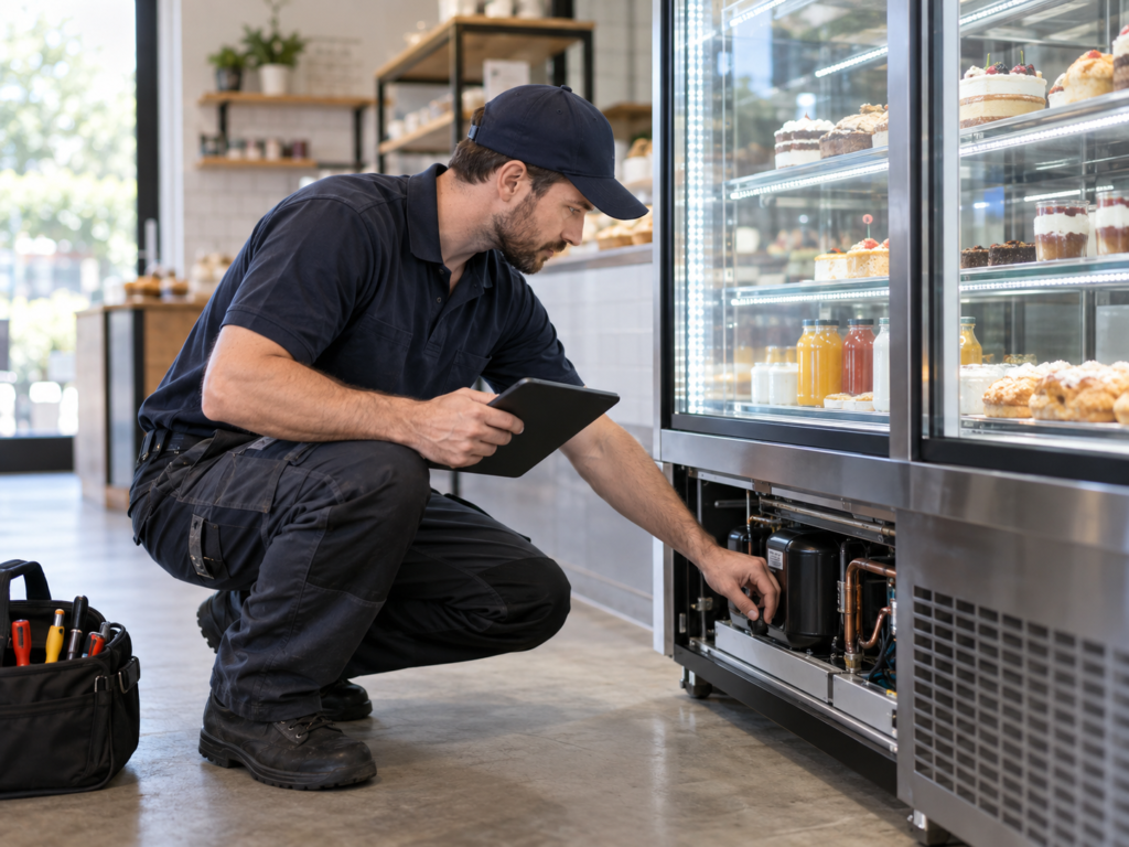 Técnico inspeccionando una vitrina refrigerada comercial
